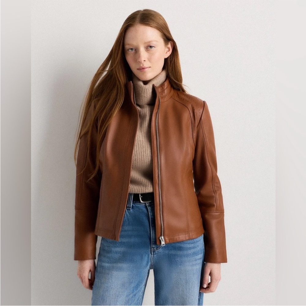 New Quince Women’s XSmall 100% Sheep Leather Stand Collar Jacket Cognac